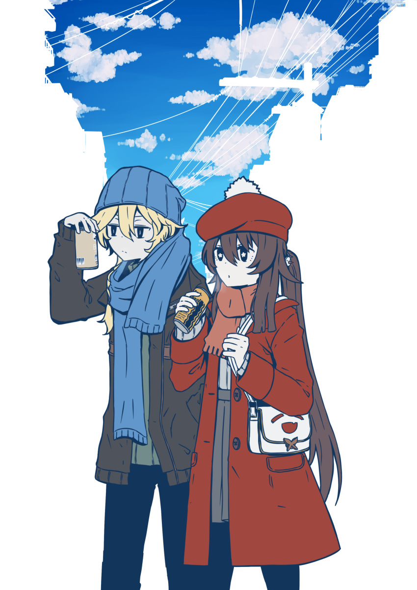 1boy 1girl absurdres aether_(genshin_impact) alternate_costume alternate_hairstyle annoyed arm_up bag beanie beret black_pants blonde_hair blue_scarf blue_sky braid brown_hair brown_jacket can canned_coffee cloud cloudy_sky commission genshin_impact gloves greedydeviant green_shirt hair_between_eyes handbag hat highres hu_tao_(genshin_impact) jacket long_hair pants pantyhose parted_lips pleated_skirt ponytail red_scarf scarf shirt single_braid skirt sky trench_coat white_gloves white_shirt winter_clothes