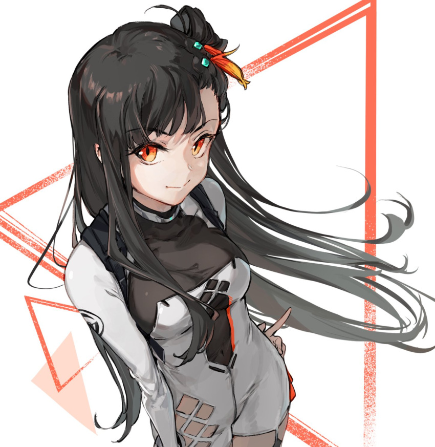 1girl bangs black_hair bodystocking breasts closed_mouth collarbone covered_navel dress eyebrows_visible_through_hair feet_out_of_frame from_above girls'_frontline hair_ornament hairclip hand_on_hip highres long_hair long_sleeves looking_at_viewer medium_breasts orange_eyes qbz-191_(girls'_frontline) shuzi side_ponytail simple_background smile solo standing white_dress