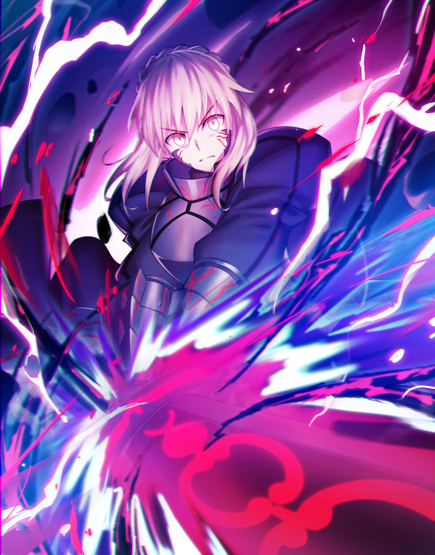 1girl absurdres armor artoria_pendragon_(fate) blonde_hair darkness dress energy excalibur_morgan_(fate) facial_mark fate/stay_night fate_(series) gauntlets highres saber_alter y.m yellow_eyes