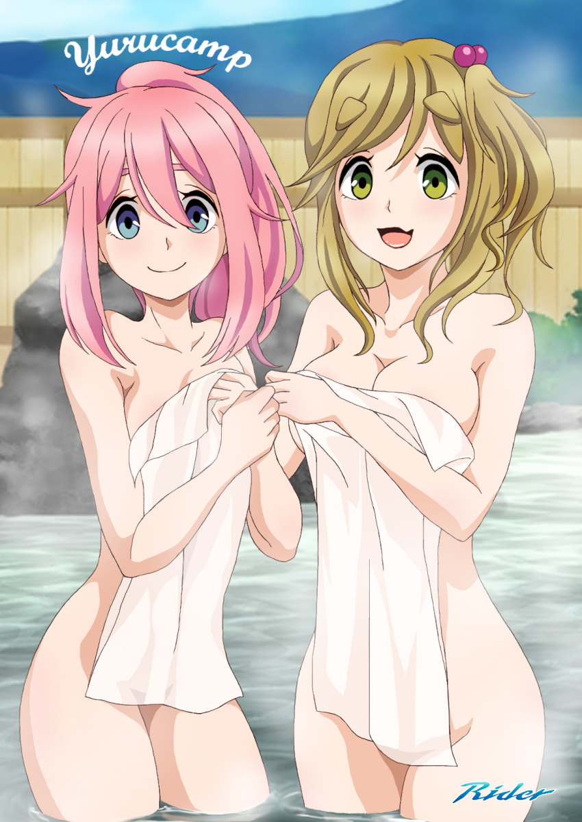 2girls artist_logo artist_name bangs bath bathing blue_eyes blurry blurry_background blush breasts brown_hair collarbone commentary_request copyright_name covering cowboy_shot english_commentary eyebrows_visible_through_hair eyelashes fang green_eyes hair_between_eyes hair_up hand_on_another's_back hands_up highres holding holding_towel inuyama_aoi kagamihara_nadeshiko long_hair looking_at_viewer medium_breasts mixed-language_commentary multiple_girls naked_towel nude nude_cover onsen open_mouth outdoors pink_hair raida_(user_yypr5857) rock shadow short_eyebrows side_ponytail sidelocks skin_fang small_breasts smile standing steam swept_bangs thick_eyebrows thighs towel wading water yurucamp