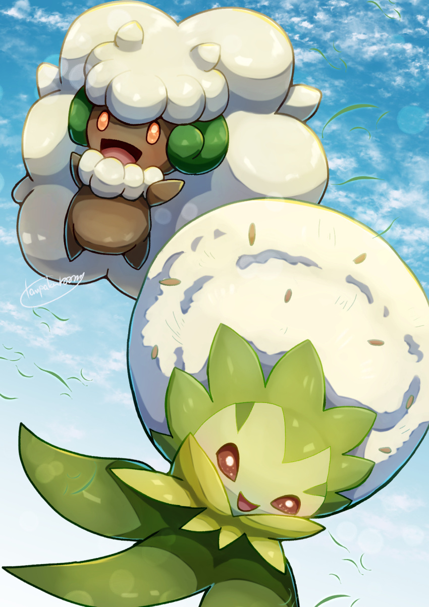 :d brown_eyes cloud commentary_request day eldegoss happy highres leaves_in_wind no_humans open_mouth orange_eyes outdoors pokemon pokemon_(creature) signature sky smile tanpakuroom tongue whimsicott
