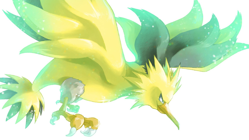 animal_focus bird black_eyes claws closed_mouth commentary_request flying from_side full_body happy highres light_particles looking_down machi_(inugasukiyanen) no_humans pokemon pokemon_(creature) profile simple_background smile solo white_background yellow_theme zapdos