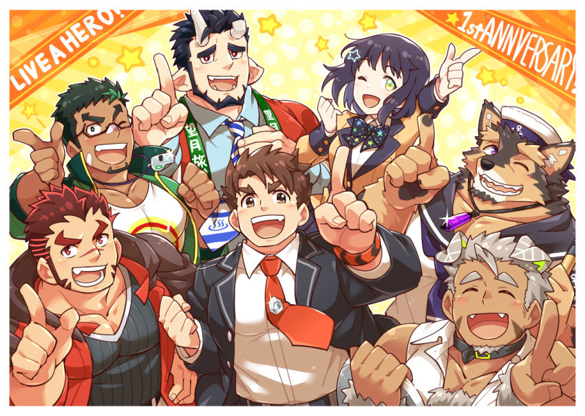 6+boys akashi_(live_a_hero) animal_ears anniversary aopanda bandaid bandaid_on_face bandaid_on_nose bara beard black_hair blush body_fur bow bracelet broken_horn brown_eyes brown_fur brown_hair chest_hair collar crystal dark-skinned_male dark_skin demon_boy demon_horns dog_boy dog_ears facial_hair fangs fangs_out furry furry_male goatee gomeisa_(live_a_hero) green_eyes green_hair grey_hair hair_ornament hitomi_(live_a_hero) horns japanese_clothes jewelry kyoichi_(live_a_hero) large_pectorals live_a_hero long_sideburns looking_at_viewer male_protagonist_(live_a_hero) mature_male multicolored_eyes multicolored_hair multiple_boys muscular muscular_male necklace necktie nessen_(live_a_hero) one_eye_closed open_mouth pale_skin pectoral_cleavage pectorals pointing pointing_up polka_dot polka_dot_background pubraseer_(live_a_hero) red_eyes red_hair red_necktie sailor sailor_collar scar scar_on_face scar_on_nose school_uniform short_hair sideburns smile star_(symbol) star_hair_ornament streaked_hair tattoo thick_eyebrows tribal_tattoo two-tone_fur two-tone_hair upper_body whistle whistle_around_neck yellow_eyes