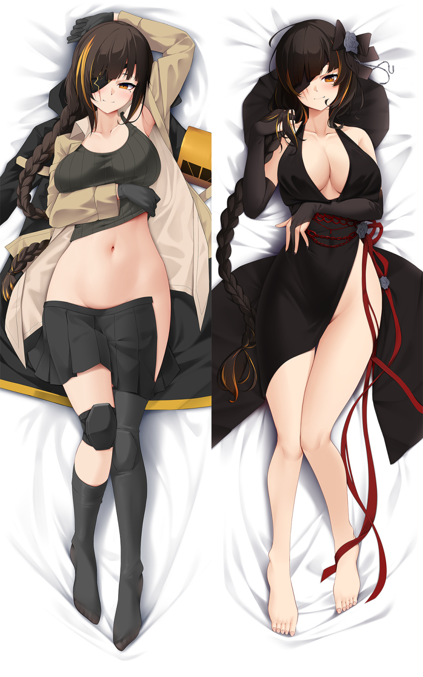 1girl arm_up armpits asymmetrical_legwear bangs bed_sheet black_coat black_gloves black_skirt blunt_bangs blush braid breasts brown_shirt closed_mouth coat coat_removed collarbone crop_top dakimakura_(medium) eyepatch from_above girls'_frontline gloves groin highres knee_pads kneehighs large_breasts long_hair long_sleeves looking_at_viewer lying m16a1_(girls'_frontline) mole mole_under_eye multiple_views navel no_panties on_back on_bed open_clothes open_shirt open_skirt orange_eyes scar scar_on_face shirt single_braid single_kneehigh single_thighhigh skirt smile stomach tank_top thighhighs very_long_hair z.taiga