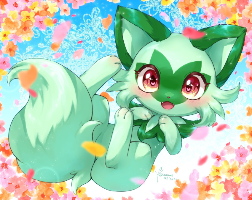 :d aije animal_focus blush commentary_request fangs full_body heart heart_in_eye highres looking_at_viewer no_humans open_mouth pokemon pokemon_(creature) red_eyes smile solo sprigatito symbol_in_eye tongue