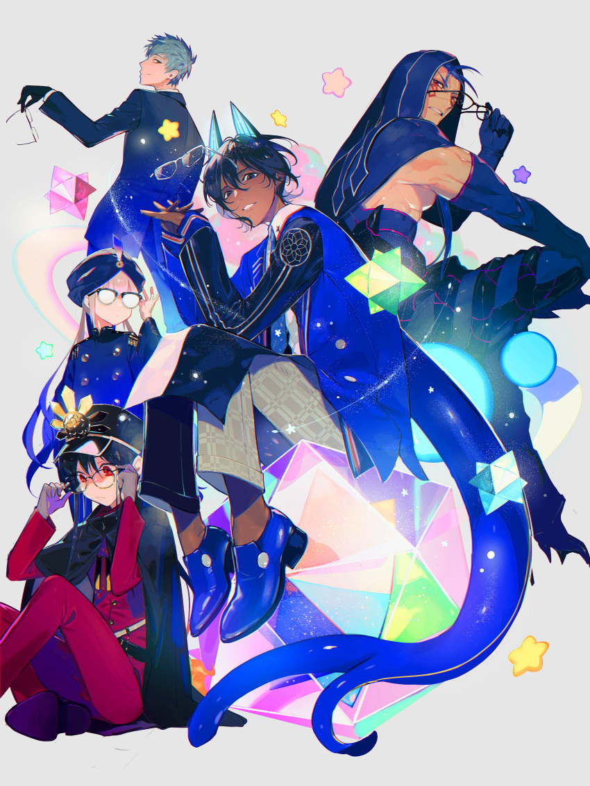 5boys :d :| absurdres arjuna_(fate) arjuna_alter_(fate) arjuna_alter_(student_council_president)_(fate) back bangs black_cape black_eyes black_gloves black_hair black_jacket black_necktie black_pants blazer blonde_hair blue_footwear blue_hair blue_necktie blue_pants cape closed_mouth collared_shirt commentary_request cu_chulainn_(fate) cu_chulainn_alter_(fate/grand_order) dark-skinned_male dark_skin earrings facepaint fate/grand_order fate_(series) formal glasses gloves glowing_horns gradient_hair grey_background grey_hair hair_between_eyes hat highres holding holding_eyewear hood hood_up horns indian_clothes jacket jewelry light_smile long_hair long_sleeves looking_at_viewer looking_back looking_to_the_side male_focus multicolored_hair multiple_boys necktie nemo_(fate) oda_nobukatsu_(fate) oda_uri official_alternate_costume pants pantyhose peaked_cap ponytail red_eyes red_pants saint_quartz_(fate) saitou_hajime_(fate) semi_(p-poco) shirt short_hair shorts sidelocks simple_background sitting sitting_on_object sleeves_past_wrists smile spikes star_(symbol) tail tattoo teeth toned toned_male turban twintails two-tone_hair very_long_hair white_shirt
