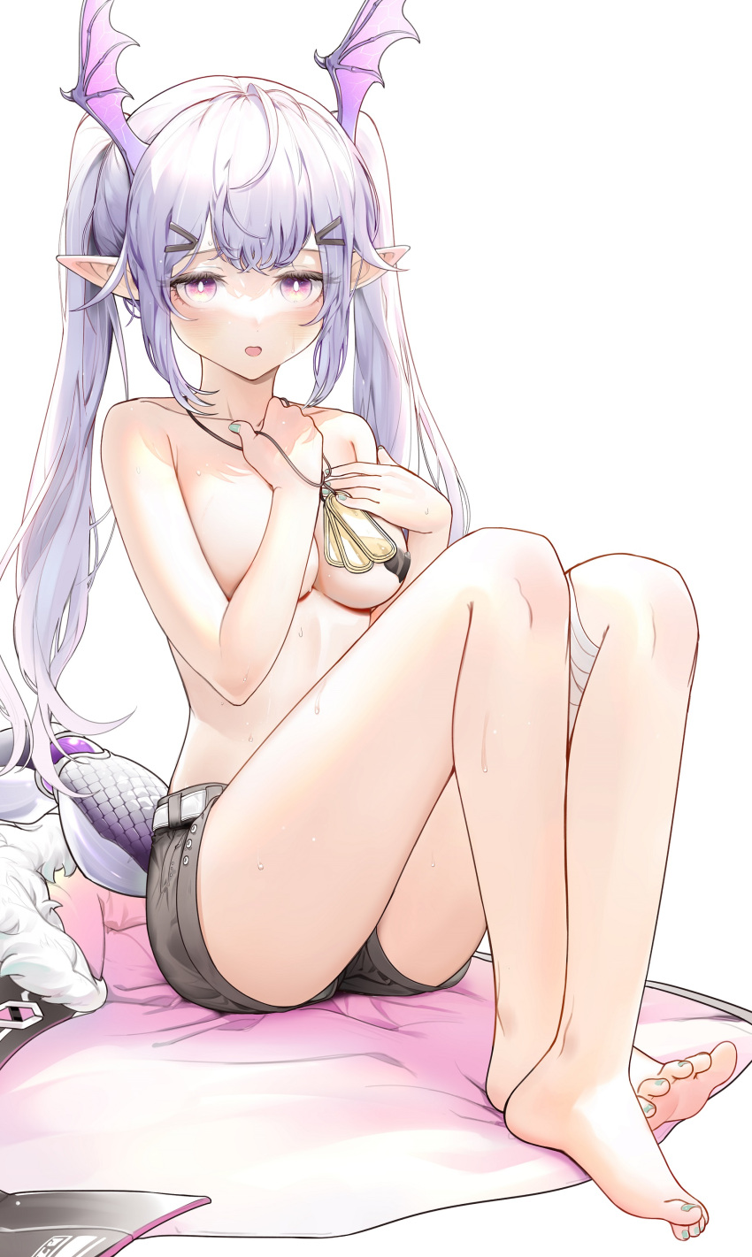 1girl :o absurdres arknights bangs bare_legs barefoot black_shorts blue_nails blush breasts collarbone commentary convenient_arm dog_tags dpea9 head_wings highres long_hair looking_at_viewer manticore_(arknights) medium_breasts nail_polish open_mouth pink_eyes pointy_ears purple_hair scorpion_tail short_shorts shorts simple_background solo stomach symbol-only_commentary tail thighs toenail_polish toenails topless twintails white_background