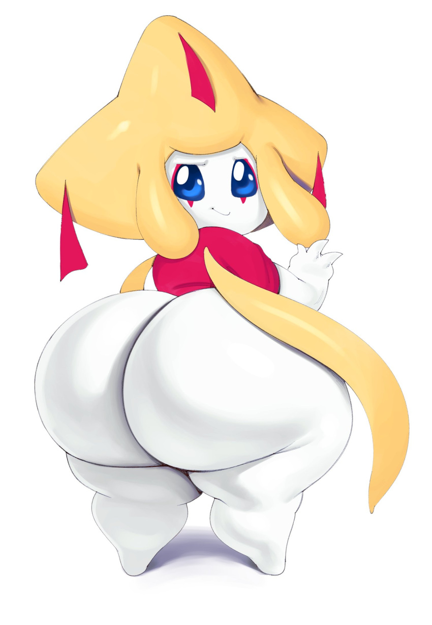 anthro big_butt blue_eyes bottomless butt clothed clothing gesture hi_res huge_butt huge_hips huge_thighs hyper hyper_butt jirachi legendary_pok&eacute;mon looking_at_viewer looking_back male nintendo orion_(hevymin) pok&eacute;mon pok&eacute;mon_(species) shirt smile solo sqoon thick_thighs topwear v_sign video_games wide_hips