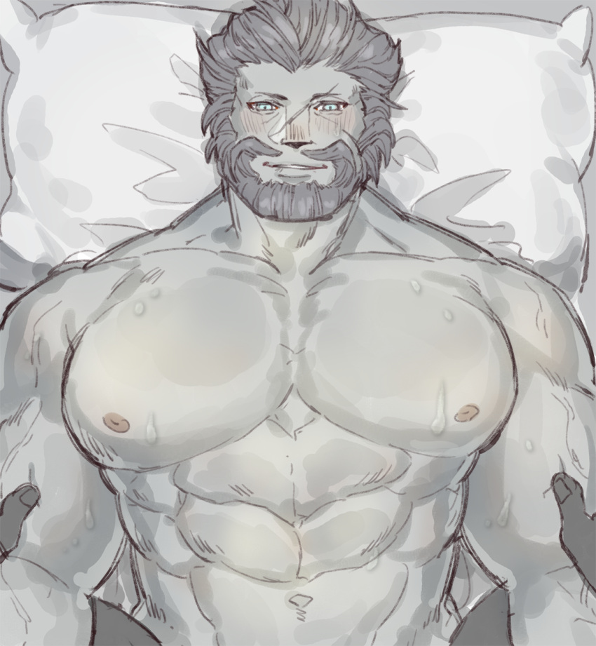 2boys abs avatar_(ff14) bara beard blush colored_skin completely_nude facial_hair final_fantasy final_fantasy_xiv grey_hair grey_skin highres implied_anal implied_sex large_pectorals lying male_focus mature_male multiple_boys muscular muscular_male mustache navel nipples nude on_back on_bed pectorals pillow pov pov_hands roegadyn scar scar_on_face scar_on_nose short_hair smile stomach taker_pov uori yaoi