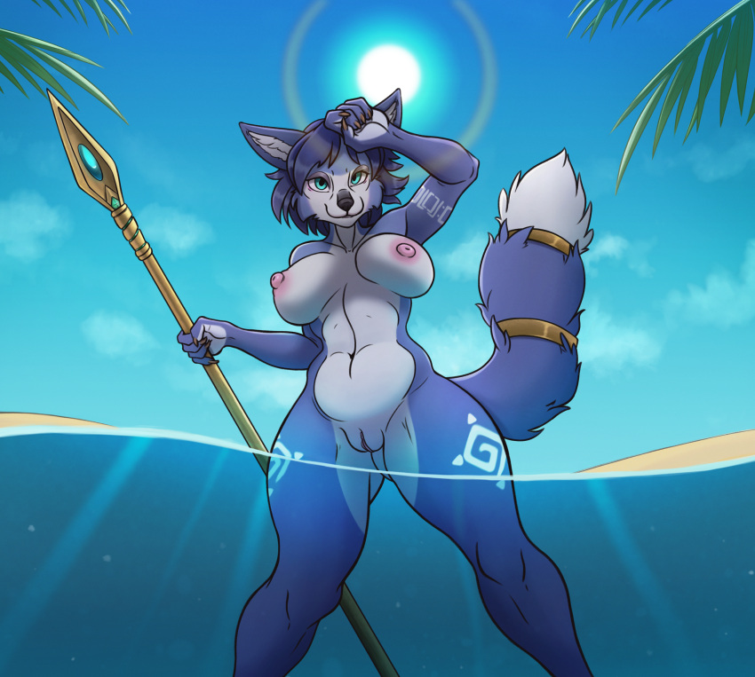 abs anthro beach black_nose blue_body blue_eyes blue_fur blue_hair blue_tail bottomwear breasts canid canine clothed clothing clothing_lift feet female fingers fox fur hair hi_res holding_object krystal loincloth looking_at_viewer low-angle_view mammal michisamael navel nintendo partially_submerged pose seaside simple_background solo spread_legs spreading standing star_fox video_games water
