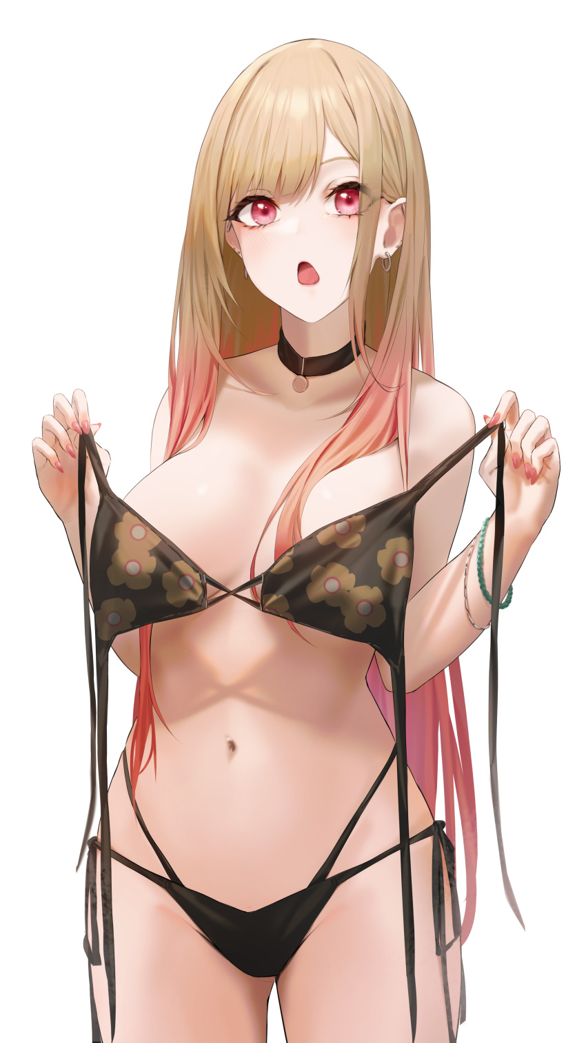 1girl absurdres bangs barbell_piercing bikini black_bikini black_choker blonde_hair breasts choker clothes_in_front commentary cowboy_shot ear_piercing earrings eyelashes fingernails floral_print gradient_hair hands_up highres holding holding_clothes jewelry kitagawa_marin large_breasts long_hair looking_at_viewer multi-strapped_bikini multicolored_hair nail_polish navel open_mouth piercing pink_nails print_bikini red_eyes red_hair sharp_fingernails side-tie_bikini solo sono_bisque_doll_wa_koi_wo_suru standing stomach straight_hair swimsuit tareme topless wanne