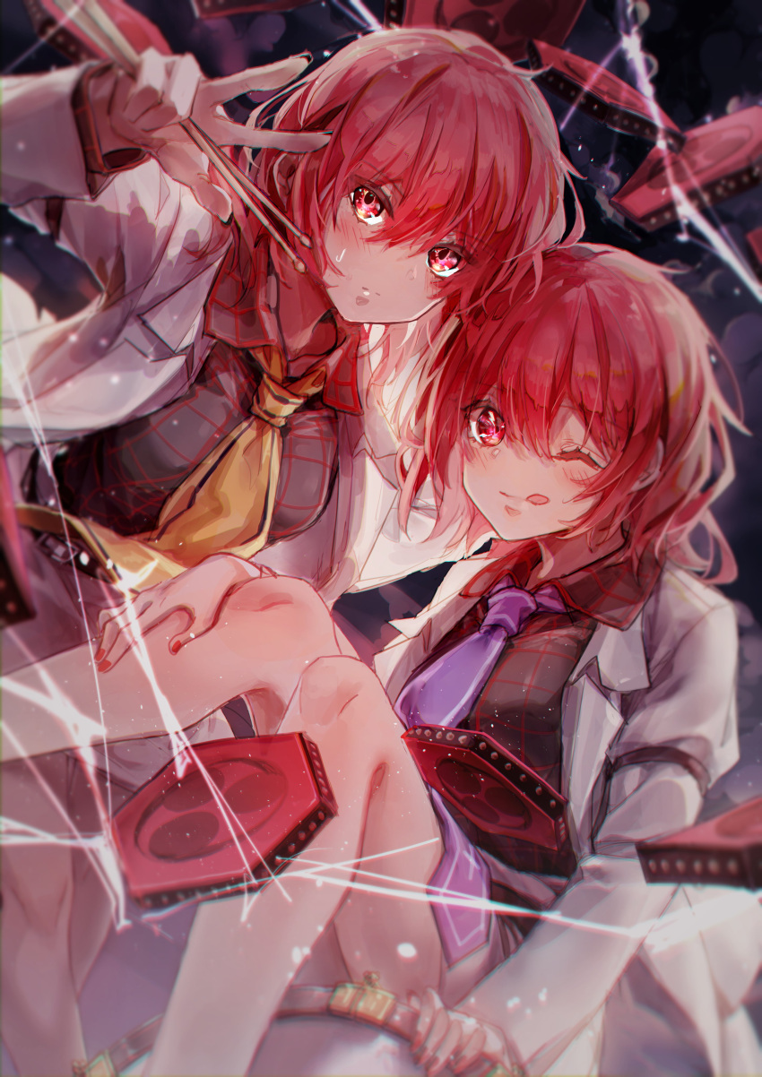 2girls absurdres arm_up bangs belt black_background black_belt black_nails blush breasts brown_shirt closed_mouth collared_jacket collared_shirt commentary_request drum drumsticks eyebrows_visible_through_hair eyes_visible_through_hair fingernails flying hair_between_eyes hand_up highres horikawa_raiko instrument jacket long_fingernails long_sleeves looking_at_viewer looking_to_the_side medium_breasts multiple_girls nail_polish necktie one_eye_closed open_clothes open_jacket plaid plaid_shirt purple_necktie red_eyes red_hair red_nails shirt shometsu-kei_no_teruru short_hair simple_background sitting skirt smile tongue tongue_out touhou v white_jacket white_skirt yellow_necktie