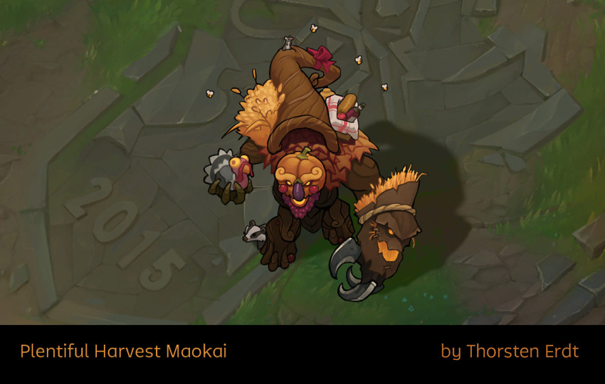 1boy 2015 animal artist_name basket beard bee bow bug character_name facial_hair food from_above hair_bow holding honey_badger league_of_legends maokai open_mouth outdoors red_bow thanksgiving thorsten_erdt tree tree_boy wheat