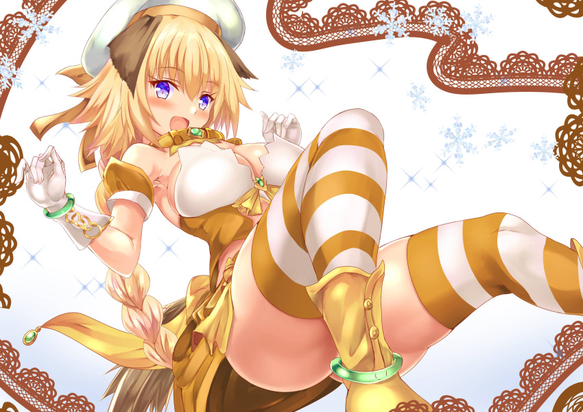 1girl :d animal_ears anklet blonde_hair bracelet braid breasts dog_ears dog_tail fate/apocrypha fate_(series) gloves hat highres jeanne_d'arc_(april_magical)_(fate) jeanne_d'arc_(fate) jeanne_d'arc_(fate/apocrypha) jewelry long_hair looking_at_viewer official_alternate_costume open_mouth purple_eyes rojiura_satsuki:_chapter_heroine_sanctuary shoes single_braid smile snowflakes solo striped striped_legwear tail thighhighs uchida_shou white_gloves white_headwear yellow_collar yellow_footwear