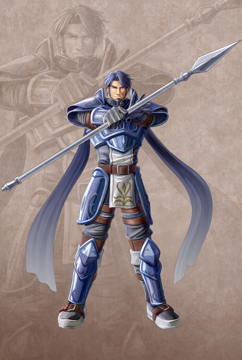 1boy armor armored_boots bara beard belt blue_hair boots cape chest_plate facial_hair fire_emblem fire_emblem:_new_mystery_of_the_emblem fire_emblem:_shadow_dragon_and_the_blade_of_light gauntlets highres loincloth male_focus mature_male muscular muscular_male pants polearm shoulder_armor solo spear weapon wrinkled_skin zelo-lee