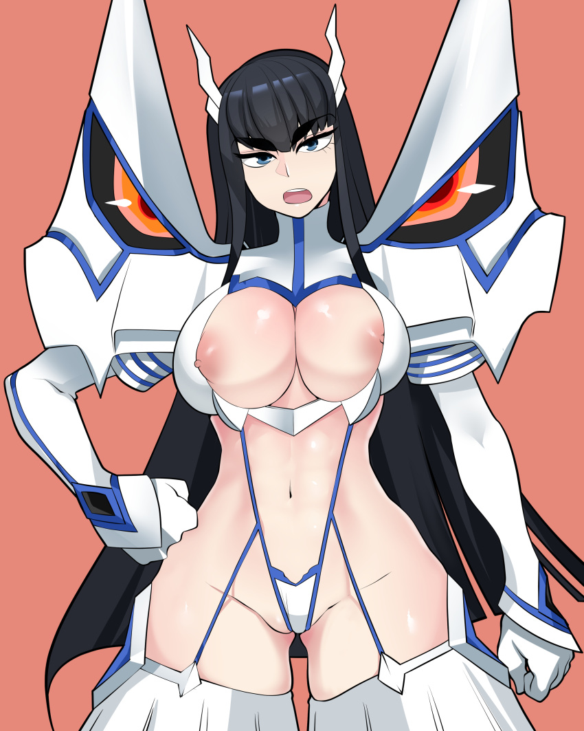 1girl abs absurdres areolae asha black_hair blue_eyes cleavage_cutout clenched_hands clothing_cutout eyebrows_visible_through_hair eyelashes hand_on_hip highres junketsu kill_la_kill kiryuuin_satsuki long_eyelashes long_hair navel nipple_slip nipples open_mouth orange_background shiny shiny_skin simple_background skindentation solo teeth turtleneck upper_teeth