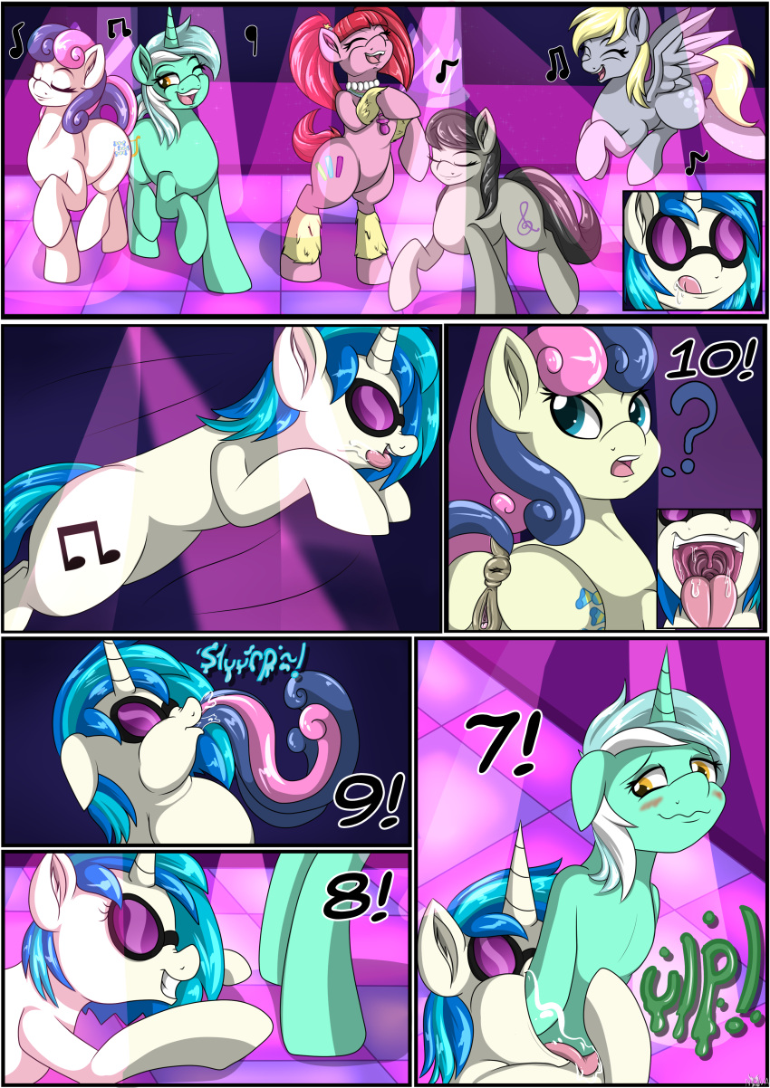 ? absurd_res animal_genitalia animal_pussy anus black_hair blonde_hair blue_eyes blue_hair bodily_fluids bonbon_(mlp) comic cutie_mark dance_floor dancing derpy_hooves_(mlp) dock earth_pony equid equine equine_pussy eyes_closed eyewear female female/female female_pred female_prey feral feral_pred feral_prey friendship_is_magic genitals green_body green_hair grey_body hair hasbro hi_res horn horse inner_ear_fluff jewelry licking licking_lips licking_own_lips lyra_heartstrings_(mlp) mammal musical_note my_little_pony necklace nightclub novaspark octavia_(mlp) one_eye_closed open_mouth open_smile oral_vore pacific_glow_(mlp) pegasus pigtails pink_body pink_hair pony puffy_anus pussy raised_tail saliva self_lick smile sunglasses swallowing tan_body tongue tongue_out tuft unicorn vinyl_scratch_(mlp) vore wavy_mouth white_body white_hair willing_vore wings yellow_eyes