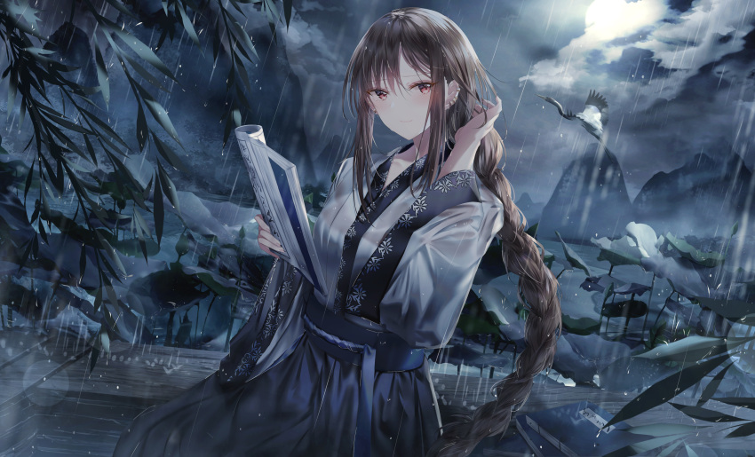 1girl absurdres animal bangs bird black_skirt book braid brown_hair closed_mouth cloud cloudy_sky commentary_request duplicate ear_piercing eyebrows_visible_through_hair fate/grand_order fate_(series) flying full_moon hair_between_eyes hand_up highres holding holding_book japanese_clothes junpaku_karen kimono long_hair long_sleeves looking_at_viewer moon mountain night night_sky open_book outdoors piercing pixel-perfect_duplicate rain red_eyes sidelocks single_braid skirt sky smile solo very_long_hair white_kimono wide_sleeves yu_mei-ren_(fate)