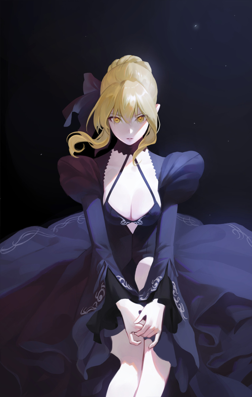1girl artoria_pendragon_(fate) black_dress blonde_hair breasts cleavage commentary_request dark_persona detached_collar dress fate/grand_order fate/stay_night fate_(series) gothic_lolita hair_bun highres jinwu_(artist) large_breasts lolita_fashion looking_at_viewer pale_skin saber_alter short_hair solo v_arms wide_sleeves yellow_eyes