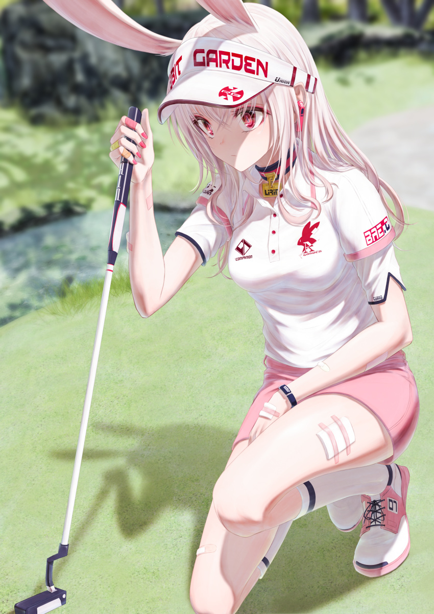 1girl absurdres animal_ears arm_rest bae.c bandaid bandaid_on_hand bracelet breasts clothes_writing collar commentary day earpiece english_commentary golf golf_club golf_course grass hat_writing highres holding holding_golf_club jewelry lirin_(bae.c) long_hair nail_polish one_knee outdoors pink_footwear pink_nails pink_shorts rabbit_ears red_eyes river shirt shoes short_sleeves shorts sneakers socks solo tsumi_no_hahen_(debris) visor_cap white_hair white_headwear white_legwear white_shirt