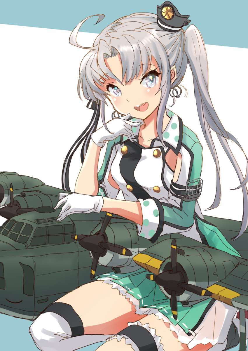 1girl ahoge aircraft airplane akitsushima_(kancolle) anchor_hair_ornament armpit_cutout clothing_cutout flying_boat fuji_(pixiv24804665) garters grey_hair hair_ornament hair_ribbon hat highres jacket kantai_collection long_hair looking_at_viewer machinery military military_uniform mini_hat nishikitaitei-chan pleated_skirt purple_eyes ribbon side_ponytail sidelocks skirt smile solo thighhighs uniform