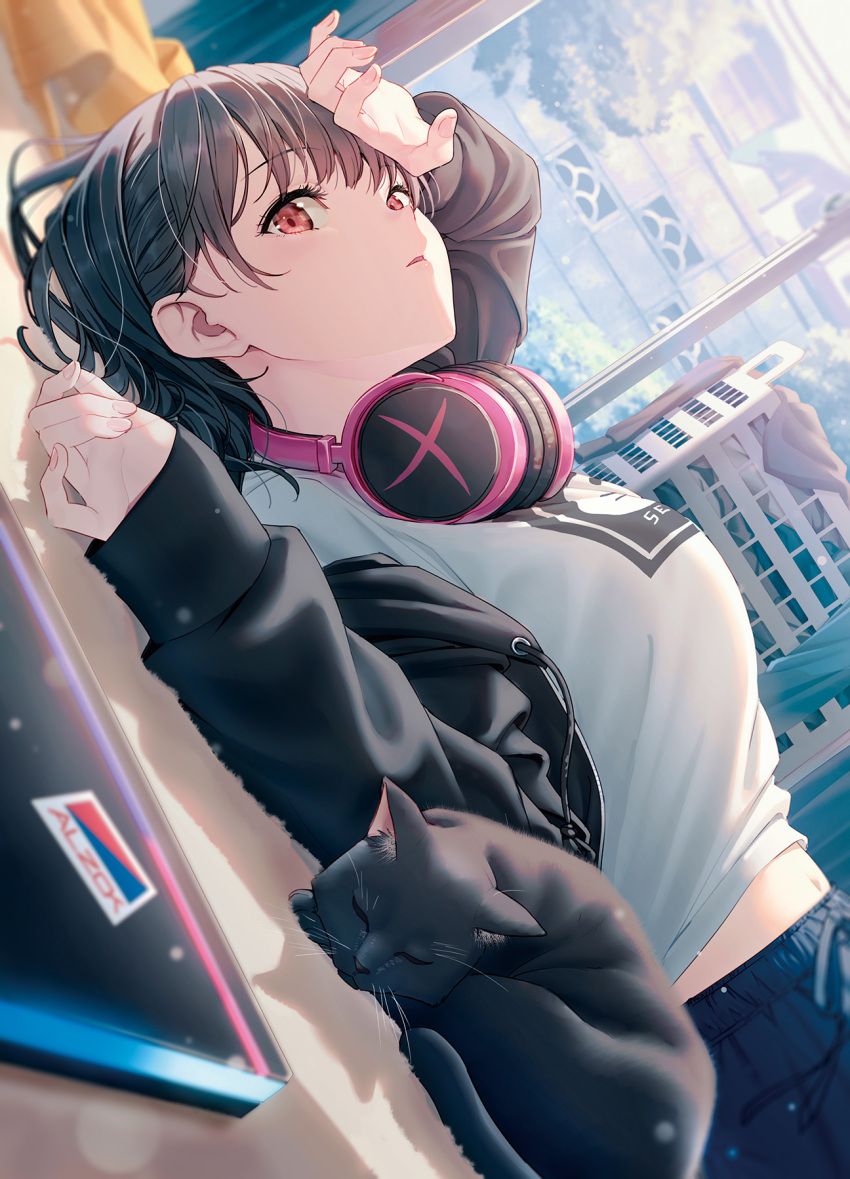 1girl animal arm_up bangs basket black_cat black_hair black_hoodie black_jacket black_pants blurry blush breasts bush carpet cat commentary_request computer day depth_of_field dutch_angle eyebrows_visible_through_hair fence from_side hair_ribbon hand_on_forehead headphones headphones_around_neck highres hood hoodie hyuuga_azuri indoors jacket laptop large_breasts laundry_basket long_sleeves looking_at_viewer looking_to_the_side lying midriff_peek navel off_shoulder on_back on_floor open_clothes open_jacket original pants parted_lips red_eyes ribbon shirt short_hair sleeves_past_wrists solo white_shirt window