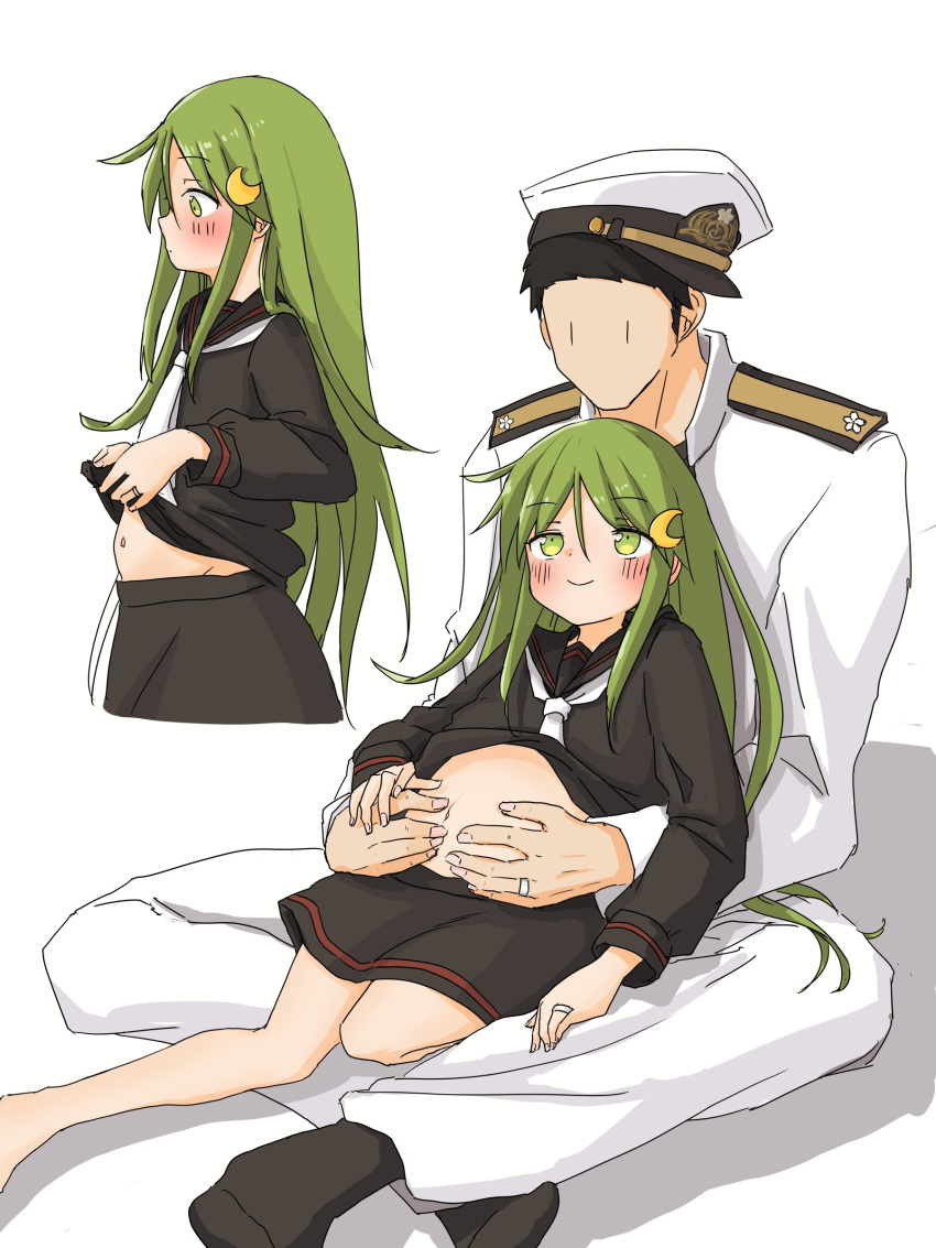 absurdres admiral_(kancolle) barefoot black_footwear black_hair black_serafuku black_skirt blush closed_mouth crescent crescent_hair_ornament epaulettes eyebrows_visible_through_hair green_eyes green_hair hair_between_eyes hair_ornament hands_on_another's_stomach hat highres implied_pregnancy jewelry kantai_collection long_hair long_sleeves military military_hat military_uniform nagatsuki_(kancolle) neckerchief po0000000000 ring school_uniform serafuku sidelocks skirt uniform wedding_band white_neckerchief