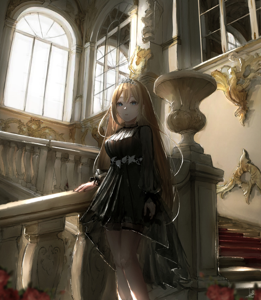 1girl absurdres bangs banister black_dress blonde_hair blue_eyes breasts dress english_commentary evening_gown highres hololive hololive_english indoors kyatto-mikazu long_sleeves looking_at_viewer medium_breasts official_alternate_costume red_carpet see-through sidelocks solo stairs standing stone_stairs tiara vase virtual_youtuber watson_amelia window