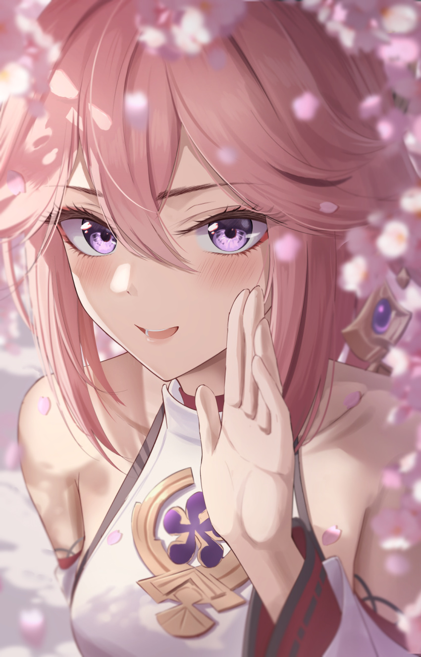 1girl bare_shoulders blurry blurry_foreground breasts brooch cherry_blossoms depth_of_field detached_sleeves earrings flower genshin_impact hand_up highres japanese_clothes jewelry long_hair long_sleeves looking_at_viewer marinesnow open_mouth pink_flower pink_hair purple_eyes smile solo wide_sleeves yae_miko