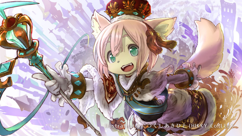anthro canid canine canis clothed clothing crown domestic_dog fangs fur green_eyes hair hi_res inner_ear_fluff kemono lionel_eleonore_de_chienia male mammal open_mouth open_smile pink_hair royalty smile tan_body tan_fur tsukushi_akihito tuft