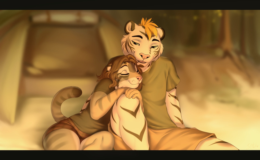 5_fingers anthro black_bars black_stripes blue_eyes breasts clothed clothing felid feline female fingers fur hi_res mammal orange pantherine sitting smile smileeeeeee striped_body striped_fur stripes tiger