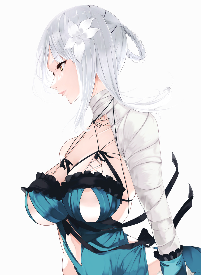 1girl absurdres areola_slip areolae bandaged_arm bandaged_neck bandages bangs braid breasts closed_mouth flower hair_flower hair_ornament highres kaine_(nier) large_breasts lips looking_to_the_side nier nier_(series) risumi_(taka-fallcherryblossom) silver_hair simple_background solo upper_body white_background white_flower