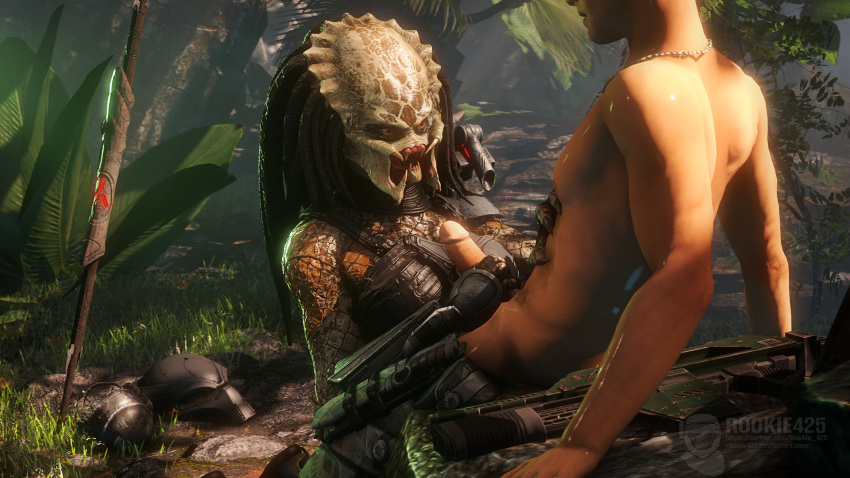 abs alien_vs._predator_(franchise) armor bravo44_(artist) clothing dreadlocks duo fellatio female foreplay handjob hi_res human humanoid interspecies male male/female mammal mandibles melee_weapon muscular oral oral_penetration penetration penile polearm predator_(franchise) romantic rookie425 sex soldier spear suggestive undressing warrior weapon yaujta yautja