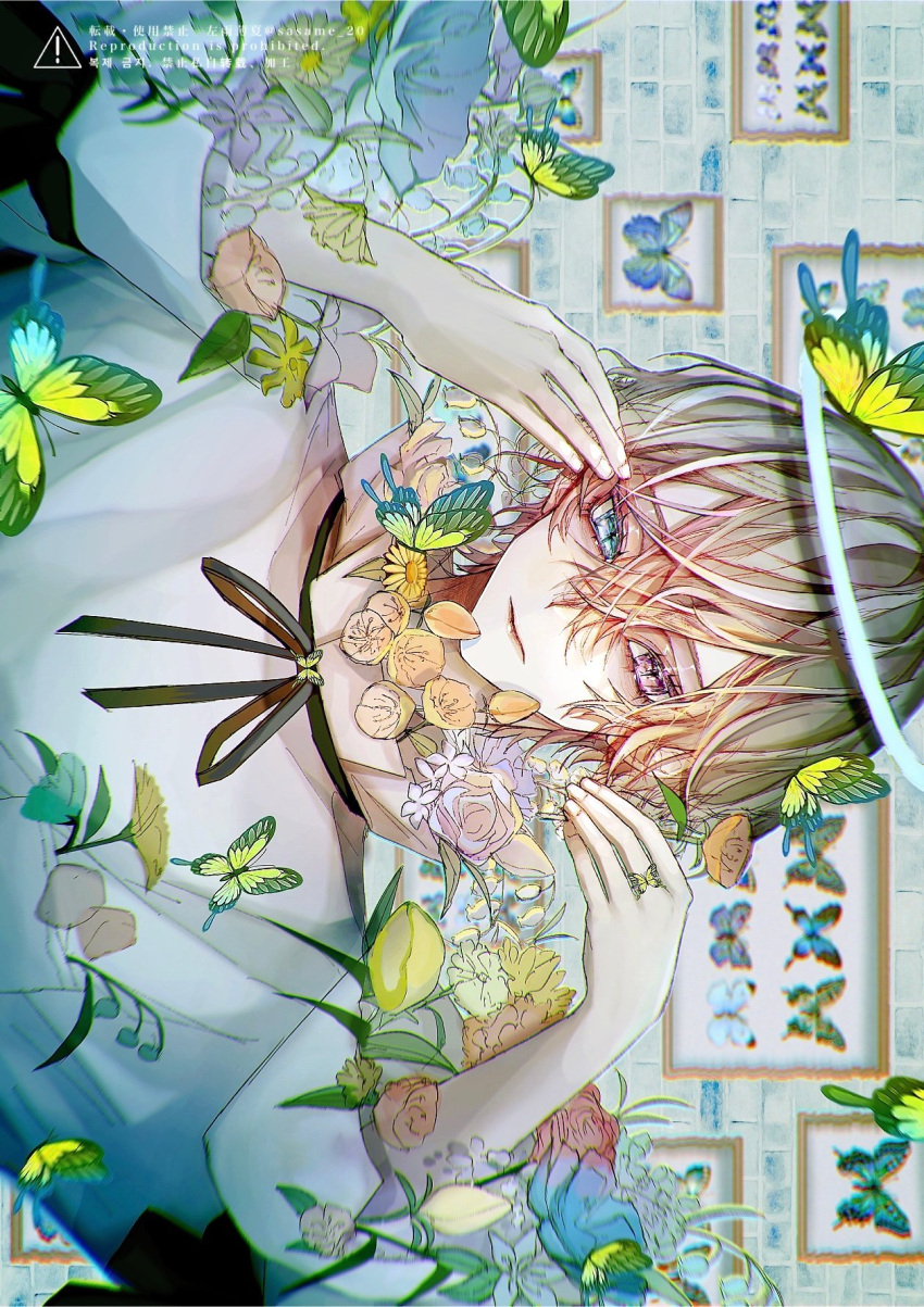 1boy black_bow blonde_hair bow bug butterfly flower framed green_butterfly green_eyes hair_between_eyes heterochromia highres looking_at_viewer male_focus original purple_eyes rose sasame_20 shirt short_hair solo white_shirt yellow_butterfly yellow_flower