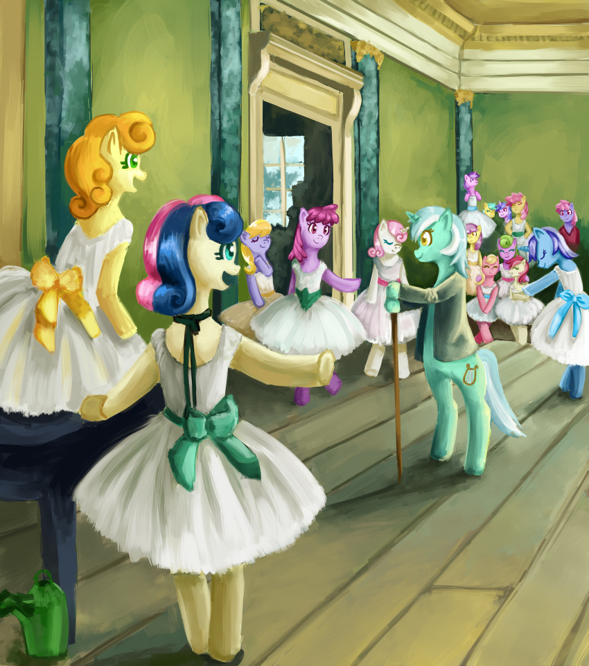 absurd_res amethyst_star_(mlp) ballet berry_punch_(mlp) berryshine_(mlp) blue_body bonbon_(mlp) cane carrot_top_(mlp) clothing cloud_kicker_(mlp) colgate_(mlp) daisy_(mlp) detailed_background dizzy_twister_(mlp) dress earth_pony equid equine female feral friendship_is_magic furniture green_body group hair hasbro hi_res horn horse inside inspired_by_formal_art jacket lily_(mlp) looking_at_another lyra_heartstrings_(mlp) mammal multicolored_hair my_little_pony open_mouth open_smile pony pose purple_body rainbowshine_(mlp) ribbons rk-d rose_(mlp) sea_swirl_(mlp) sitting smile standing sunshower_(mlp) table topwear twinkleshine_(mlp) two_tone_hair unicorn watering_can window yellow_body