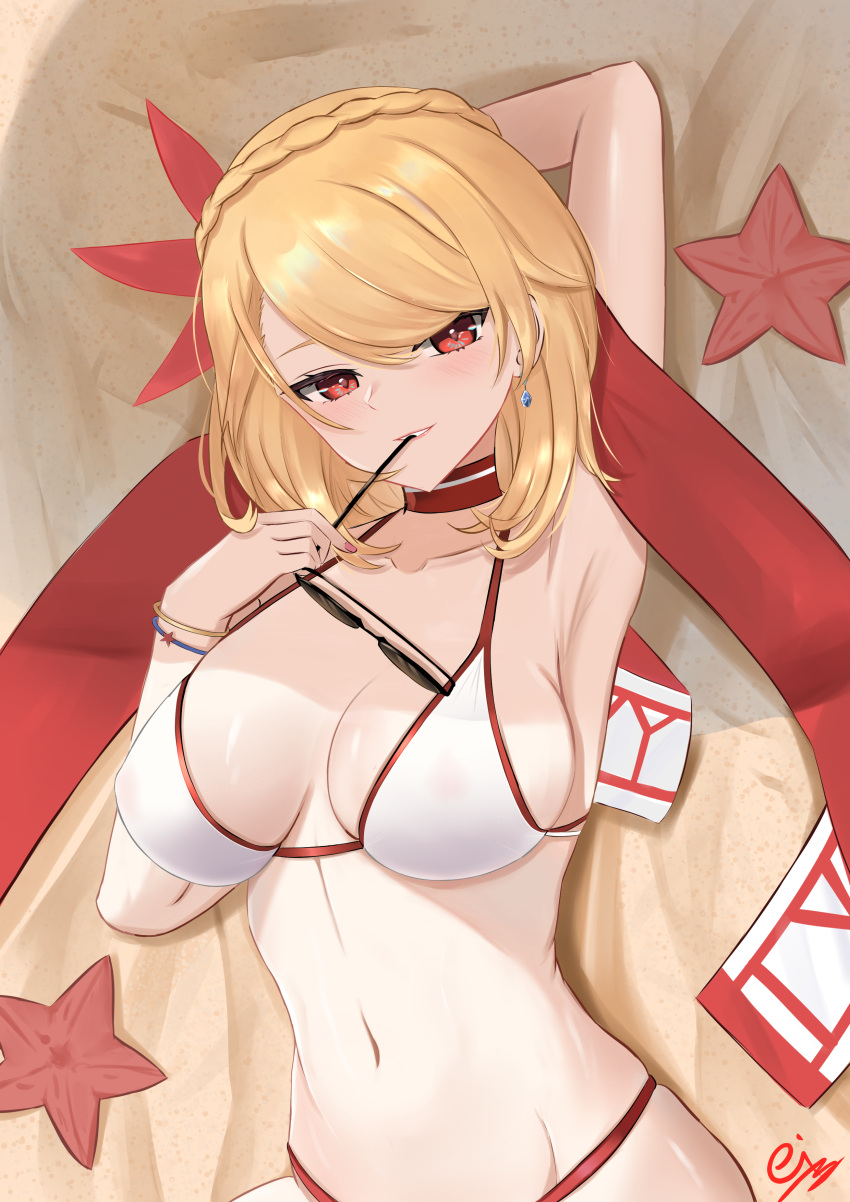 1girl absurdres arm_behind_head armpits azur_lane beach bikini blonde_hair braid breasts choker crown_braid earrings eiundmarmalade eyewear_removed flower from_above hair_flower hair_ornament highres holding holding_eyewear jewelry looking_at_viewer lying medium_breasts medium_hair mismatched_bikini multicolored_bikini multicolored_clothes navel official_alternate_costume on_back presenting_armpit prince_of_wales_(azur_lane) prince_of_wales_(sun_shining_upon_windsor)_(azur_lane) red_choker red_flower sand sapphire_(gemstone) signature solo starfish sunglasses swimsuit