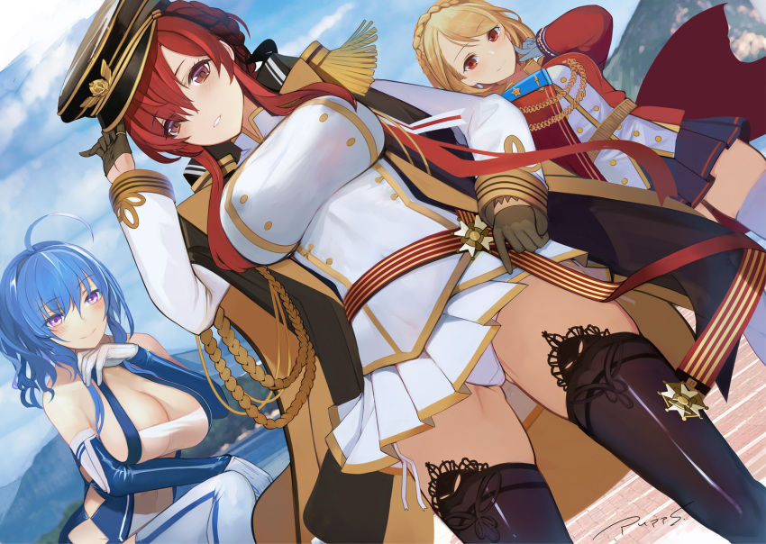 3girls ahoge azur_lane black_legwear blue_hair braid breasts cape cleavage crown_braid earrings elbow_gloves gloves hat highres jewelry large_breasts long_sleeves looking_at_viewer miniskirt monarch_(azur_lane) multiple_girls panties pantyshot peaked_cap pleated_skirt prince_of_wales_(azur_lane) pupps purple_eyes red_eyes red_hair revision skirt smile st._louis_(azur_lane) standing thighhighs thumb_ring underwear white_legwear white_panties