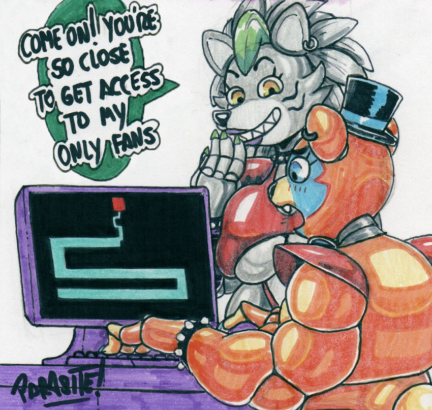 2022 animatronic anthro bracelet breasts canid canine canis cleavage clothed clothing collar computer desk dialogue duo ear_piercing ear_ring english_text eyebrows eyelashes facial_markings female five_nights_at_freddy's five_nights_at_freddy's:_security_breach frown furniture gaming glamrock_freddy_(fnaf) hair hat head_markings headgear headwear hi_res humor jewelry machine male mammal marker_(artwork) markings meme onlyfans open_frown open_mouth parasitedeath piercing playing_videogame robot roxanne_wolf_(fnaf) scottgames shoulder_pads signature simple_background smile spiked_bracelet spiked_collar spikes table teeth text top_hat traditional_media_(artwork) ursid video_games white_background wolf