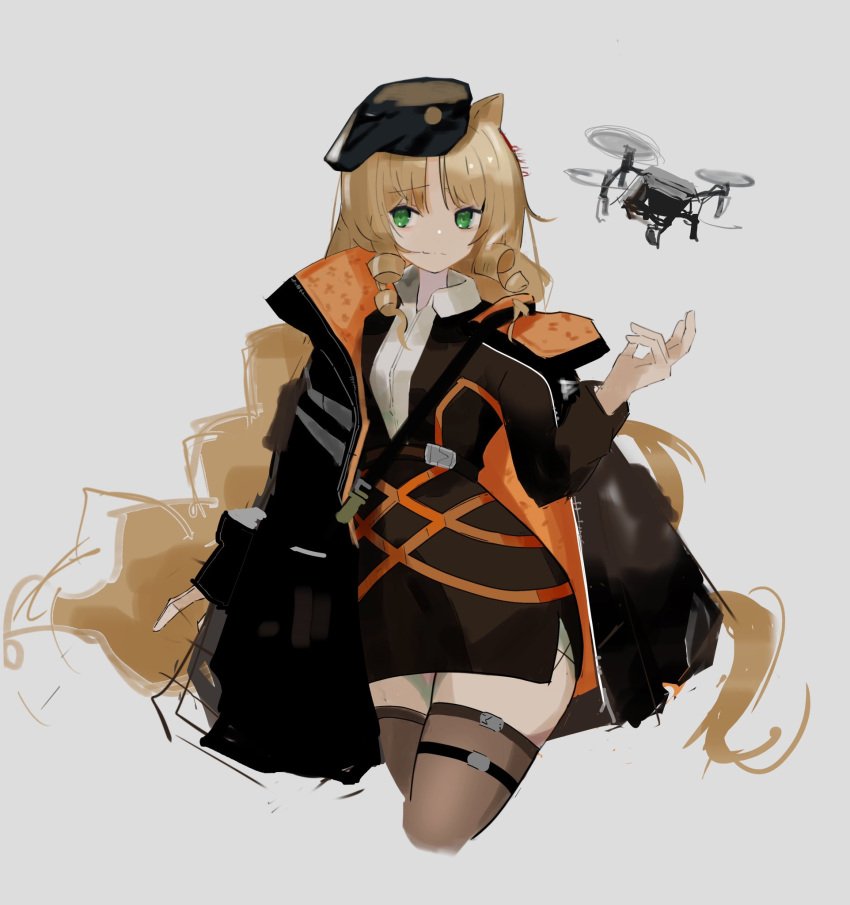 1girl animal_ears arknights beret black_jacket black_legwear black_shirt blonde_hair collared_shirt cowboy_shot cropped_legs drill_hair drill_locks drone earpiece enne_kl eyebrows_visible_through_hair green_eyes grey_background hand_up hat highres jacket long_hair open_clothes open_jacket shirt sidelocks simple_background sketch solo swire_(arknights) thigh_strap thighhighs tiger_ears undershirt white_shirt