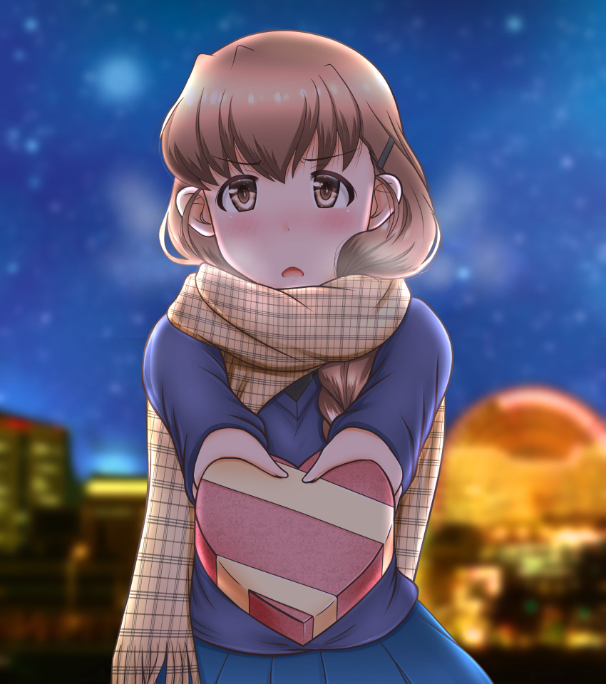 1girl absurdres bangs blue_skirt blue_sweater blurry blurry_background blush box braid braided_ponytail breath brown_eyes brown_hair brown_scarf commentary_request depth_of_field enpera eyebrows_visible_through_hair gift gift_box girls_und_panzer giving hair_ornament hair_over_shoulder hairclip heart-shaped_box highres holding holding_gift io-catalyst light_frown long_hair long_sleeves looking_at_viewer night night_sky open_mouth pleated_skirt rukuriri_(girls_und_panzer) scarf school_uniform single_braid skirt sky solo st._gloriana's_school_uniform sweater v-neck valentine