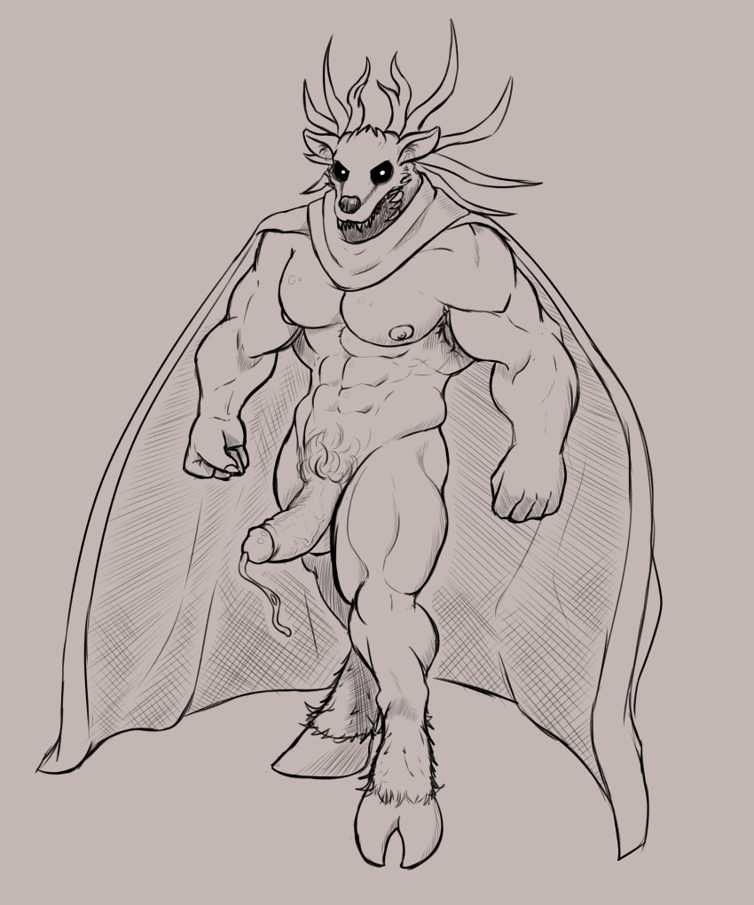absurd_res andrefil360 anthro antlers armpit_hair body_hair cervid cloak cloak_only clothing demon fangs fist genitals hi_res hooves horn humanoid_genitalia humanoid_penis looking_at_viewer male mammal monster muscular nipples pecs penis sketch solo specimen_8 spooky's_jump_scare_mansion