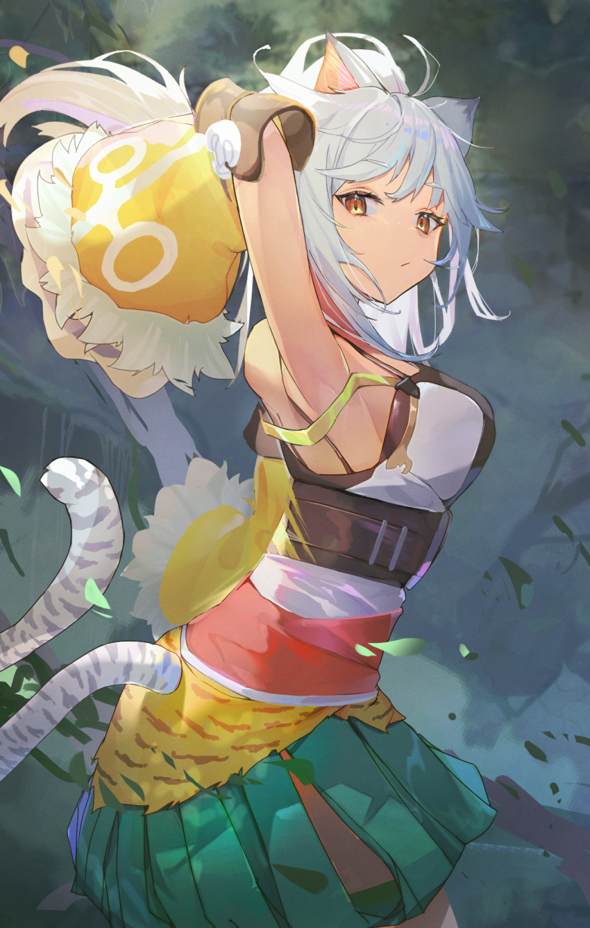 1girl ahoge animal_ears arm_guards armpits arms_up bare_shoulders breasts closed_mouth detached_sleeves from_side fur_trim green_skirt hair_between_eyes highres jaguar_ears jaguar_girl jaguar_tail ladica_(shadowverse) large_breasts looking_back miniskirt pleated_skirt puffy_sleeves shadowverse shirt short_hair short_ponytail side_slit sideboob simple_background skirt solo stretching tail user_nujc2287 white_hair white_shirt yellow_eyes