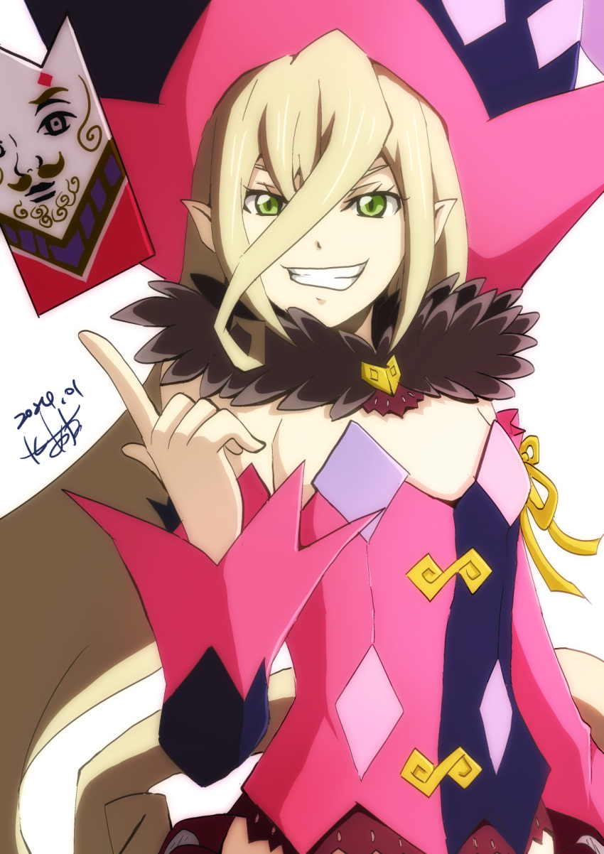 1girl akane_kazami blonde_hair commentary_request eyelashes feather_boa green_eyes grin hair_between_eyes hat highres index_finger_raised long_hair magilou_(tales) multicolored_clothes multicolored_headwear pink_sleeves signature simple_background smile solo tales_of_(series) tales_of_berseria teeth white_background witch_hat