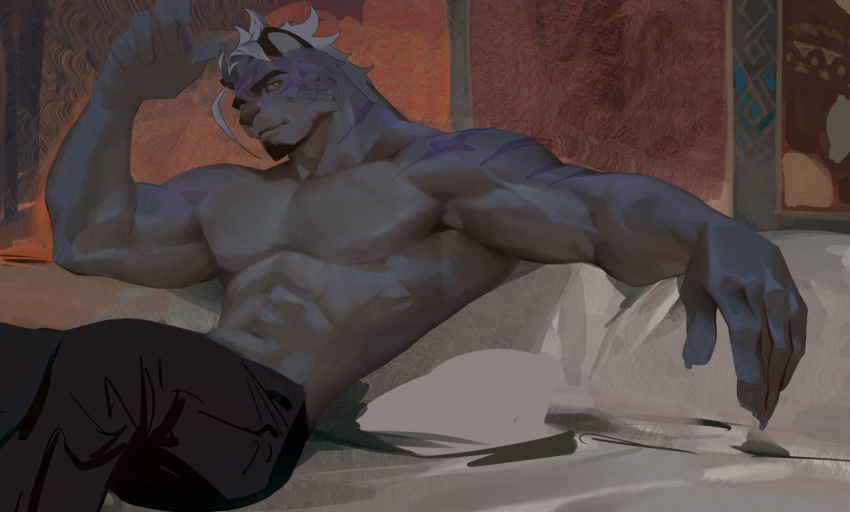 1boy abs animal_ears bara diamond_(shape) facial_hair forked_eyebrows from_side furry furry_male goatee highres horikwawataru large_pectorals looking_at_viewer loose_hair_strand male_focus multicolored_hair muscular muscular_male nipples original outstretched_arm pectorals purple_fur sadiend solo stomach streaked_hair thick_eyebrows tiger_boy tiger_ears topless_male two-tone_fur v-taper white_hair