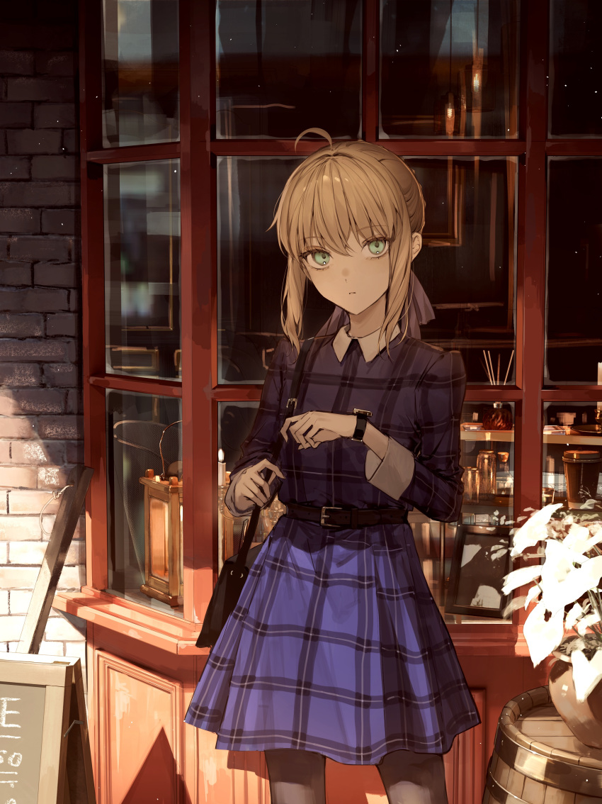 1girl absurdres ahoge alternate_costume artoria_pendragon_(fate) bag belt black_belt blonde_hair blue_dress blue_ribbon brown_belt cowboy_shot day dress fate/grand_order fate/stay_night fate_(series) green_eyes hair_between_eyes hair_ribbon hands_up highres long_sleeves outdoors parted_lips plaid plaid_dress ribbon saber_(fate) short_hair shoulder_bag solo standing tamitami watch window wristwatch