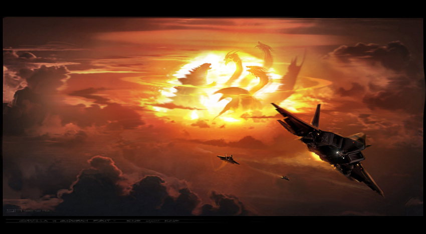 aircraft airplane claws cloud cloudy_sky concept_art dragon dragon_horns dragon_wings f-22_raptor fighter_jet flying george_hull giant giant_monster godzilla godzilla:_king_of_the_monsters godzilla_(series) highres horns jet kaijuu king_ghidorah military_vehicle monster monsterverse multiple_heads no_humans nuclear_weapon open_mouth sharp_teeth sky spines standing teeth wings