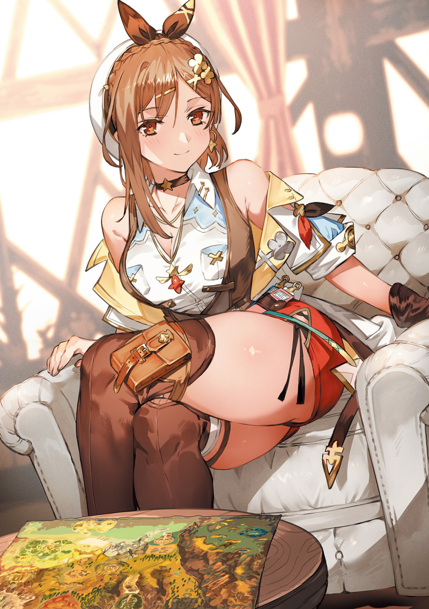 1girl atelier_(series) atelier_ryza atelier_ryza_3 bare_shoulders beret breasts brown_hair closed_mouth couch crossed_legs day gloves hair_ornament hairclip hat highres indoors large_breasts official_art reisalin_stout shiny_skin short_sleeves shorts sitting smile solo thighhighs thighs toridamono window