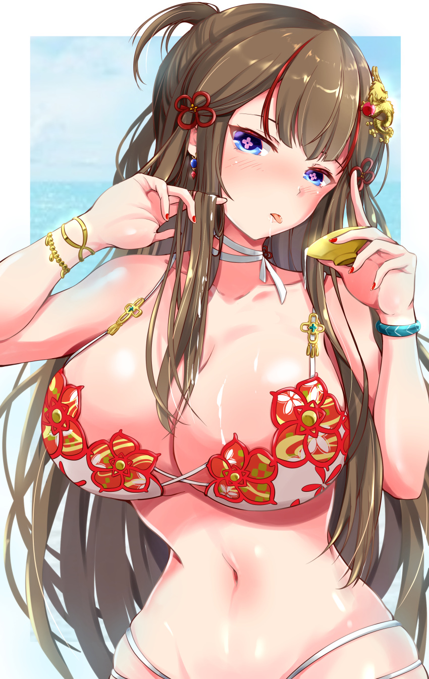 1girl absurdres adjusting_hair bikini blue_eyes blush bracelet breasts brown_hair cleavage cup dragon dragon_ornament drinking dripping earrings floral_print flower flower-shaped_pupils hair_ornament hair_rings hair_tie highres jewelry large_breasts looking_at_viewer nail_polish navel neck_ribbon red_flower ribbon ryou.r sakazuki senran_kagura senran_kagura_new_link skindentation swimsuit symbol-shaped_pupils toki_(senran_kagura) tongue tongue_out white_bikini wristband