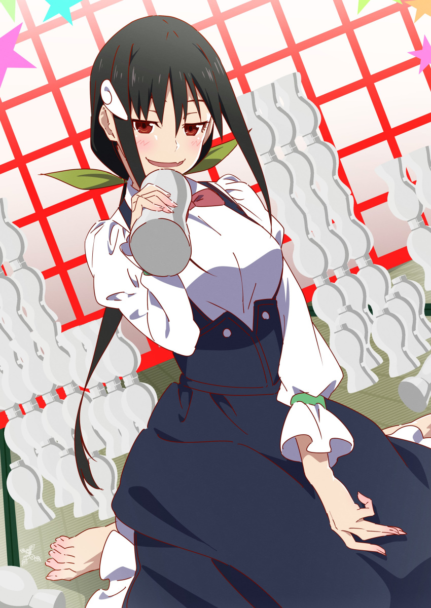 1girl absurdres aged_up barefoot black_dress black_hair blush bottle breasts commentary_request dress fang fingernails green_ribbon hachikuji_mayoi hair_ornament hairclip highres holding holding_bottle long_hair looking_at_viewer makicha_(sasurainopink) making-of_available medium_breasts monogatari_(series) ribbon shirt sitting skin_fang smile snail_hair_ornament soles solo toes white_shirt zoku_owarimonogatari