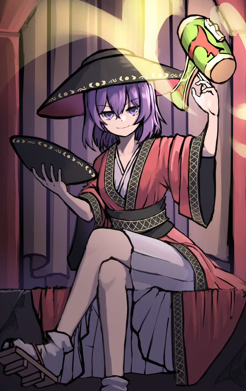 1girl absurdres allcy49 black_headwear bowl bowl_hat brown_footwear closed_mouth commentary_request crossed_legs full_body geta hat highres japanese_clothes kimono looking_at_viewer miracle_mallet purple_eyes purple_hair red_kimono sitting smile socks solo sukuna_shinmyoumaru touhou white_socks